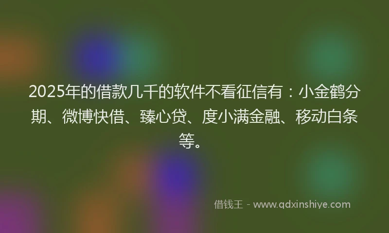 2025年的借款几千的软件不看征信有：小金鹤分期、微博快借、臻心贷、度小满金融、移动白条等。