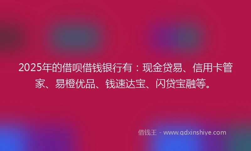 2025年的借呗借钱银行有：现金贷易、信用卡管家、易橙优品、钱速达宝、闪贷宝融等。