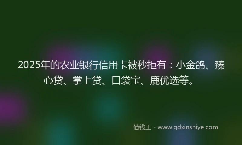 2025年的农业银行信用卡被秒拒有：小金鸽、臻心贷、掌上贷、口袋宝、鹿优选等。