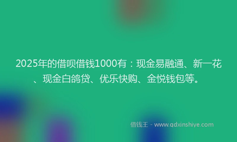 2025年的借呗借钱1000有：现金易融通、新一花、现金白鸽贷、优乐快购、金悦钱包等。