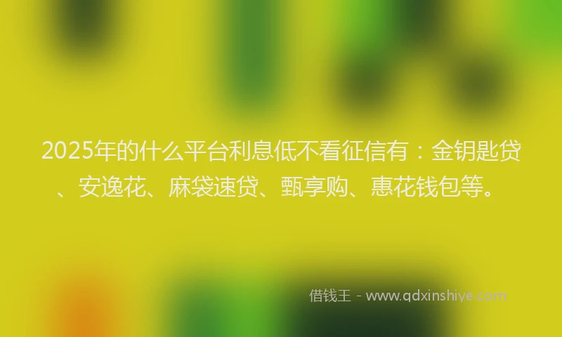 2025年的什么平台利息低不看征信有：金钥匙贷、安逸花、麻袋速贷、甄享购、惠花钱包等。