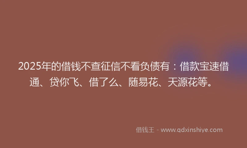 2025年的借钱不查征信不看负债有：借款宝速借通、贷你飞、借了么、随易花、天源花等。