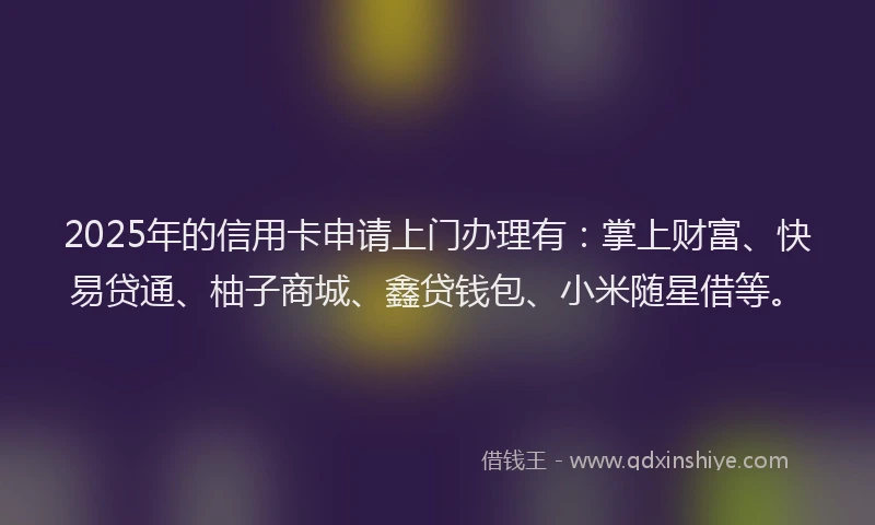 2025年的信用卡申请上门办理有：掌上财富、快易贷通、柚子商城、鑫贷钱包、小米随星借等。