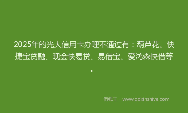 2025年的光大信用卡办理不通过有：葫芦花、快捷宝贷融、现金快易贷、易借宝、爱鸿森快借等。