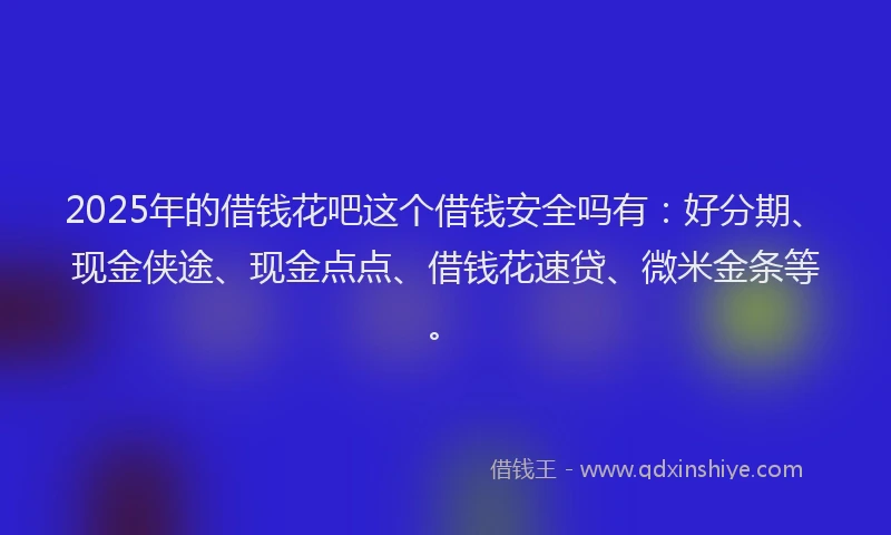 2025年的借钱花吧这个借钱安全吗有：好分期、现金侠途、现金点点、借钱花速贷、微米金条等。