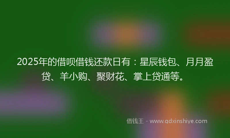 2025年的借呗借钱还款日有：星辰钱包、月月盈贷、羊小购、聚财花、掌上贷通等。