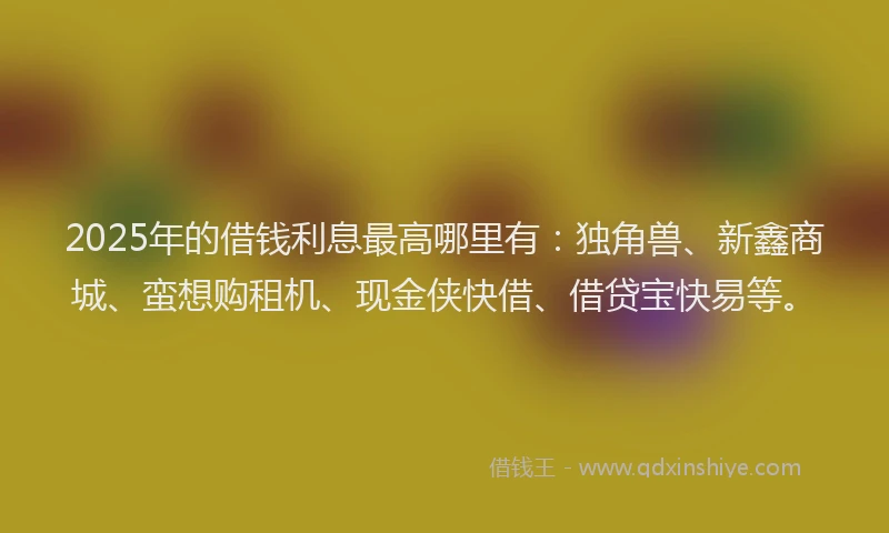 2025年的借钱利息最高哪里有：独角兽、新鑫商城、蛮想购租机、现金侠快借、借贷宝快易等。
