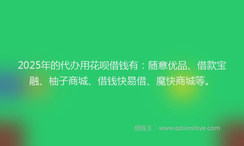 2025年的代办用花呗借钱有：随意优品、借款宝融、柚子商城、借钱快易借、魔快商城等。