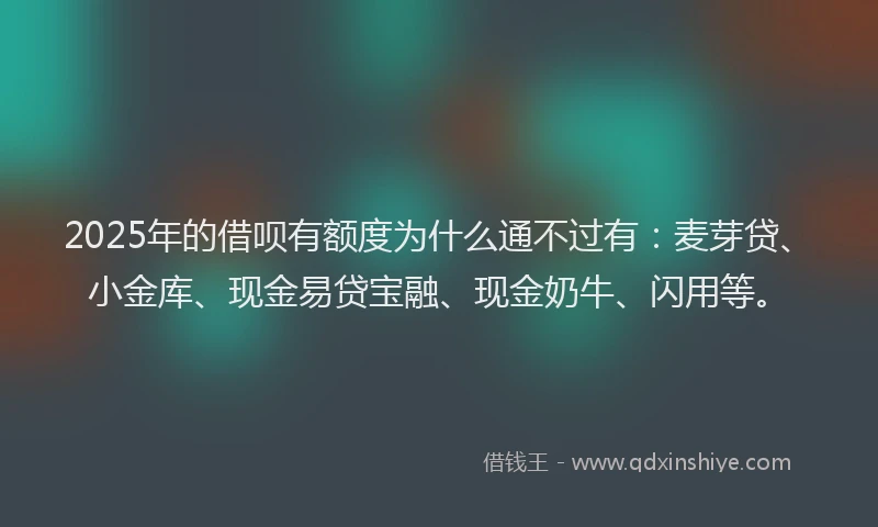 2025年的借呗有额度为什么通不过有：麦芽贷、小金库、现金易贷宝融、现金奶牛、闪用等。