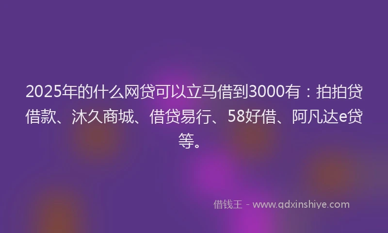 2025年的什么网贷可以立马借到3000有：拍拍贷借款、沐久商城、借贷易行、58好借、阿凡达e贷等。