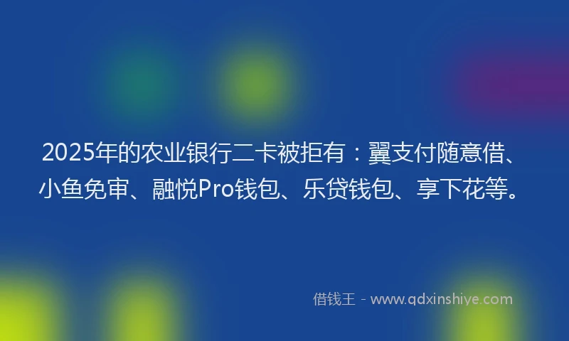 2025年的农业银行二卡被拒有：翼支付随意借、小鱼免审、融悦Pro钱包、乐贷钱包、享下花等。