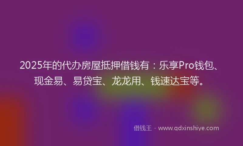 2025年的代办房屋抵押借钱有：乐享Pro钱包、现金易、易贷宝、龙龙用、钱速达宝等。