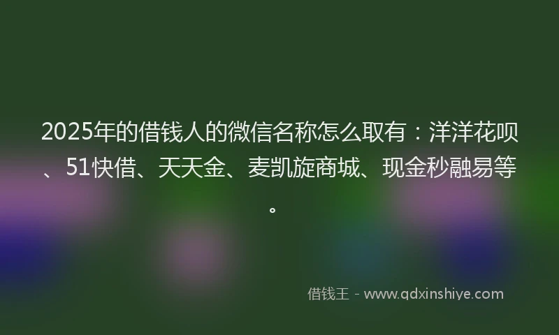 2025年的借钱人的微信名称怎么取有：洋洋花呗、51快借、天天金、麦凯旋商城、现金秒融易等。