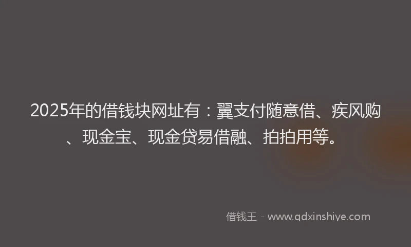 2025年的借钱块网址有：翼支付随意借、疾风购、现金宝、现金贷易借融、拍拍用等。