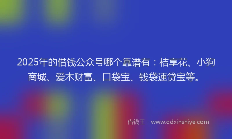 2025年的借钱公众号哪个靠谱有：桔享花、小狗商城、爱木财富、口袋宝、钱袋速贷宝等。