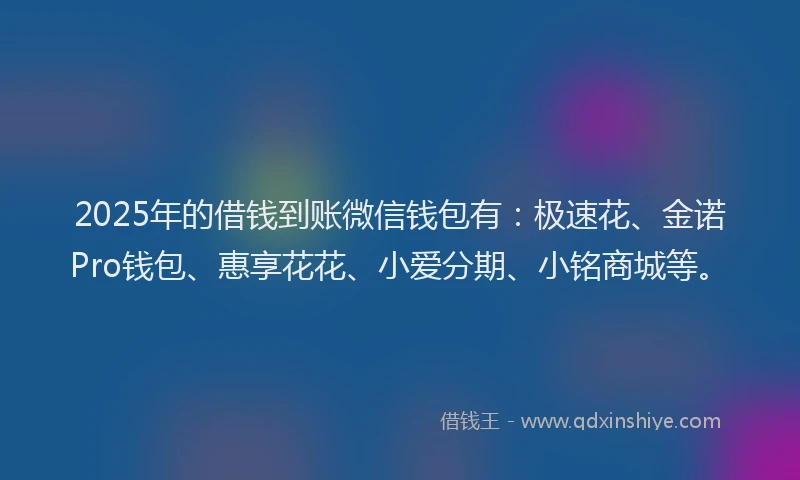 2025年的借钱到账微信钱包有：极速花、金诺Pro钱包、惠享花花、小爱分期、小铭商城等。