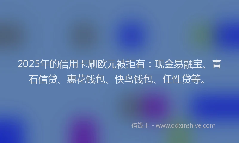 2025年的信用卡刷欧元被拒有：现金易融宝、青石信贷、惠花钱包、快鸟钱包、任性贷等。