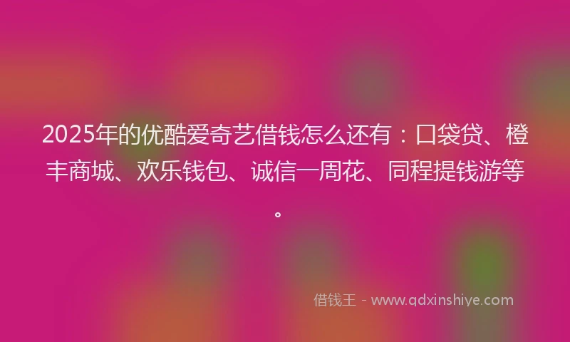 2025年的优酷爱奇艺借钱怎么还有：口袋贷、橙丰商城、欢乐钱包、诚信一周花、同程提钱游等。
