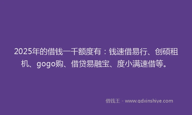 2025年的借钱一千额度有：钱速借易行、创硕租机、gogo购、借贷易融宝、度小满速借等。