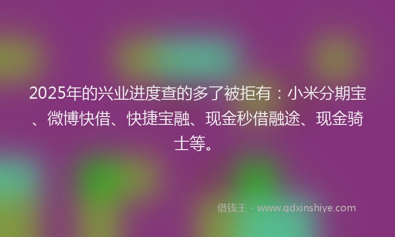 2025年的兴业进度查的多了被拒有：小米分期宝、微博快借、快捷宝融、现金秒借融途、现金骑士等。