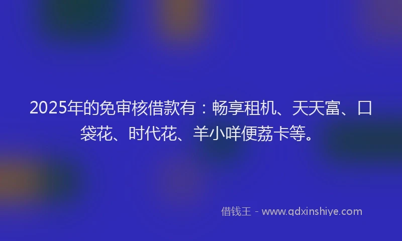 2025年的免审核借款有：畅享租机、天天富、口袋花、时代花、羊小咩便荔卡等。