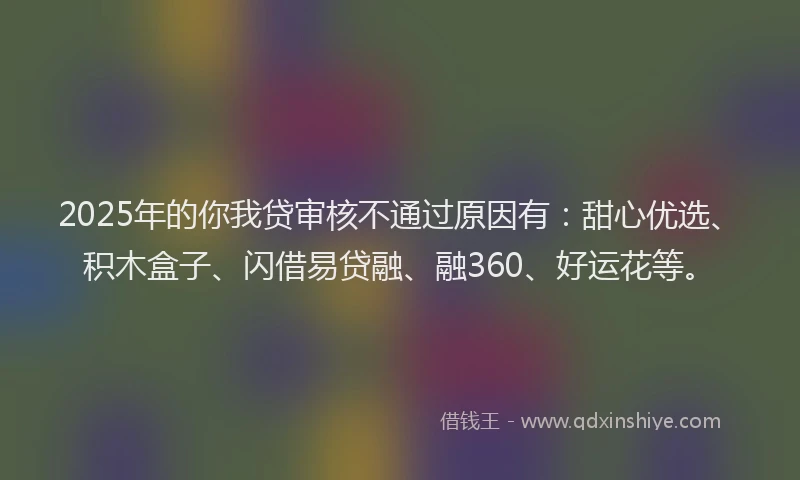 2025年的你我贷审核不通过原因有：甜心优选、积木盒子、闪借易贷融、融360、好运花等。