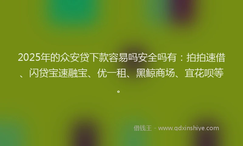 2025年的众安贷下款容易吗安全吗有：拍拍速借、闪贷宝速融宝、优一租、黑鲸商场、宜花呗等。