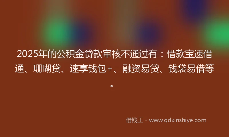 2025年的公积金贷款审核不通过有：借款宝速借通、珊瑚贷、速享钱包+、融资易贷、钱袋易借等。