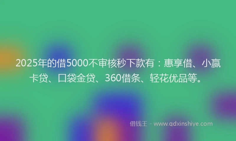 2025年的借5000不审核秒下款有：惠享借、小赢卡贷、口袋金贷、360借条、轻花优品等。