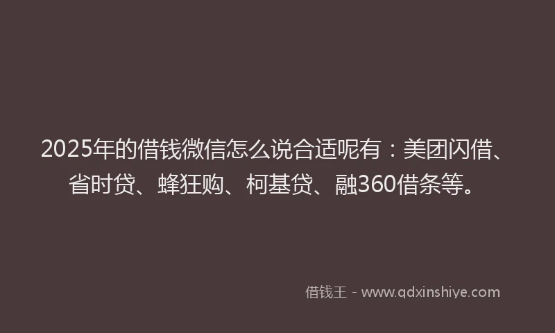 2025年的借钱微信怎么说合适呢有：美团闪借、省时贷、蜂狂购、柯基贷、融360借条等。