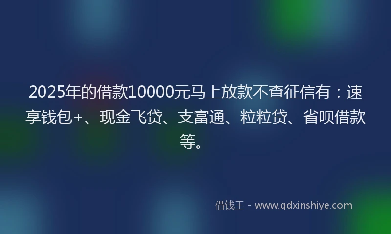 2025年的借款10000元马上放款不查征信有：速享钱包+、现金飞贷、支富通、粒粒贷、省呗借款等。