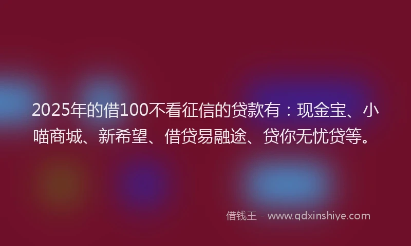 2025年的借100不看征信的贷款有：现金宝、小喵商城、新希望、借贷易融途、贷你无忧贷等。