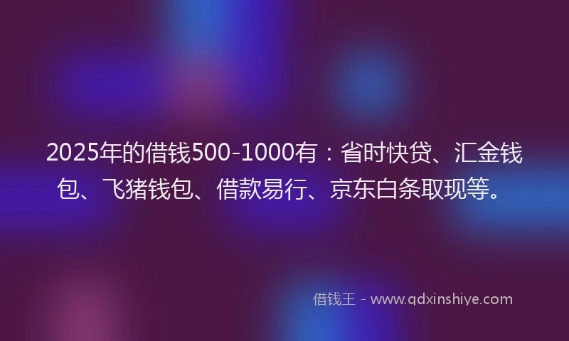 2025年的借钱500-1000有:省时快贷、汇金钱包、飞猪钱包、借款易行、京东白条取现等。