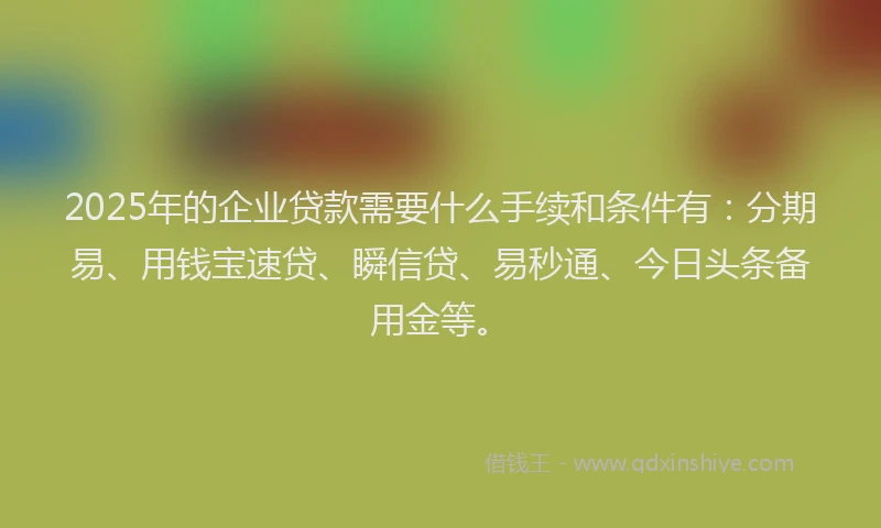 2025年的企业贷款需要什么手续和条件有：分期易、用钱宝速贷、瞬信贷、易秒通、今日头条备用金等。