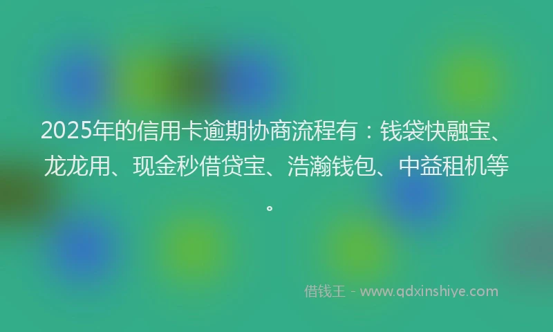 2025年的信用卡逾期协商流程有：钱袋快融宝、龙龙用、现金秒借贷宝、浩瀚钱包、中益租机等。