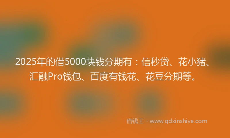 2025年的借5000块钱分期有：信秒贷、花小猪、汇融Pro钱包、百度有钱花、花豆分期等。