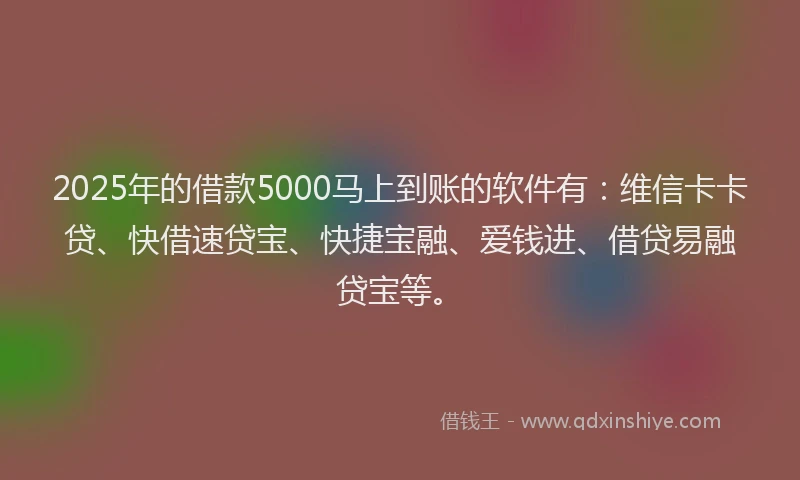 2025年的借款5000马上到账的软件有：维信卡卡贷、快借速贷宝、快捷宝融、爱钱进、借贷易融贷宝等。