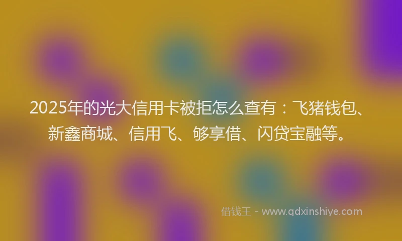 2025年的光大信用卡被拒怎么查有：飞猪钱包、新鑫商城、信用飞、够享借、闪贷宝融等。