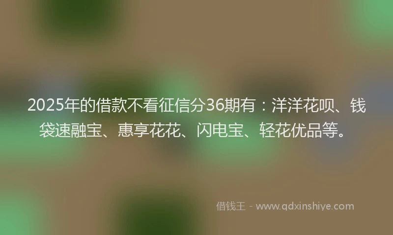 2025年的借款不看征信分36期有：洋洋花呗、钱袋速融宝、惠享花花、闪电宝、轻花优品等。