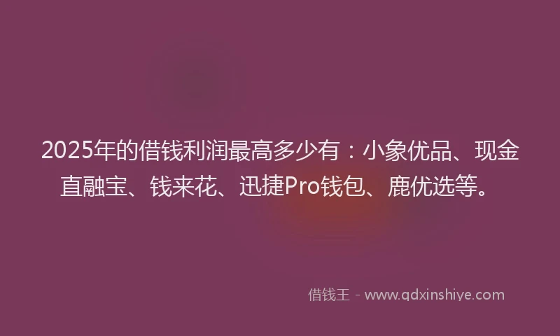 2025年的借钱利润最高多少有：小象优品、现金直融宝、钱来花、迅捷Pro钱包、鹿优选等。