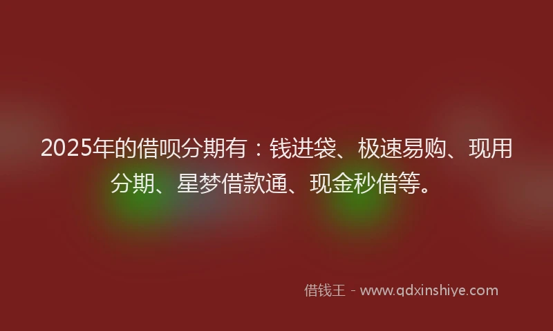 2025年的借呗分期有：钱进袋、极速易购、现用分期、星梦借款通、现金秒借等。