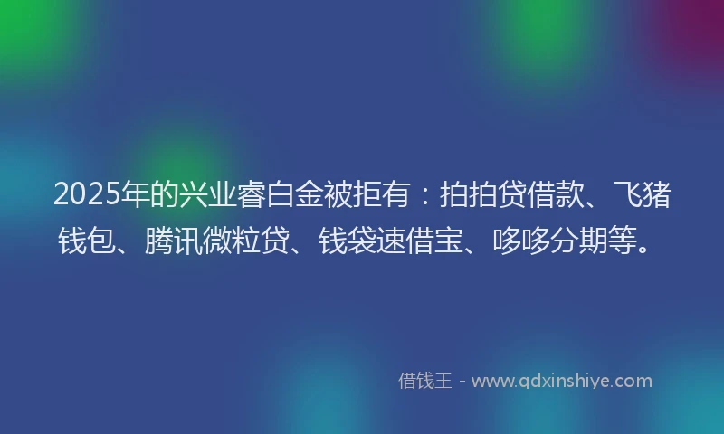 2025年的兴业睿白金被拒有：拍拍贷借款、飞猪钱包、腾讯微粒贷、钱袋速借宝、哆哆分期等。
