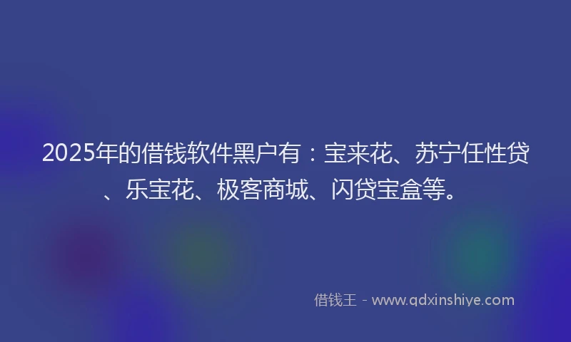 2025年的借钱软件黑户有：宝来花、苏宁任性贷、乐宝花、极客商城、闪贷宝盒等。