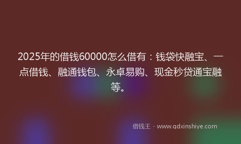 2025年的借钱60000怎么借有：钱袋快融宝、一点借钱、融通钱包、永卓易购、现金秒贷通宝融等。