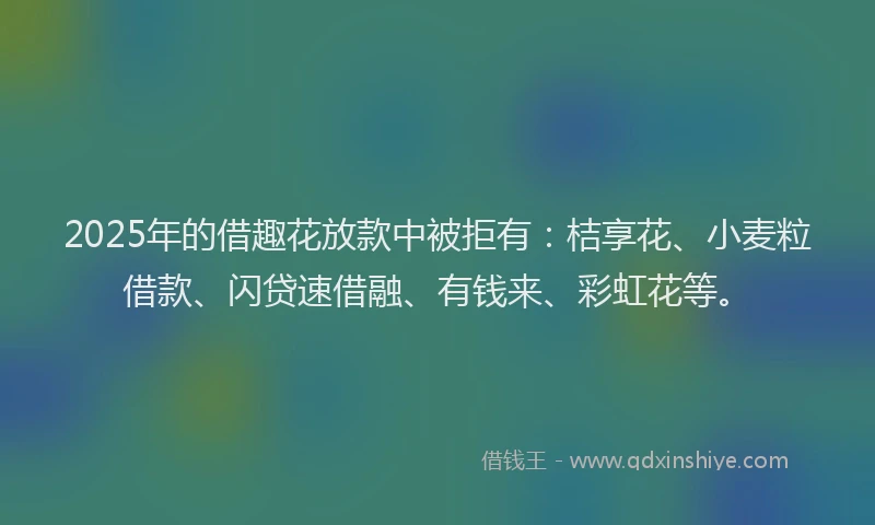 2025年的借趣花放款中被拒有：桔享花、小麦粒借款、闪贷速借融、有钱来、彩虹花等。