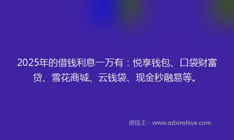 2025年的借钱利息一万有：悦享钱包、口袋财富贷、雪花商城、云钱袋、现金秒融易等。