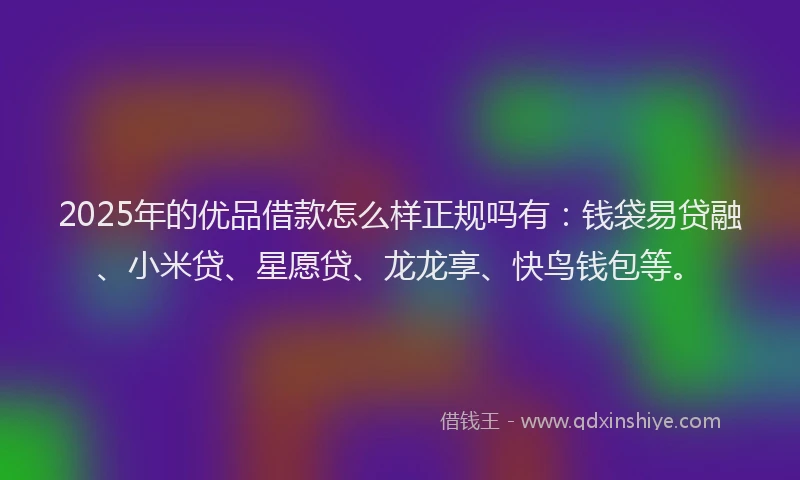2025年的优品借款怎么样正规吗有：钱袋易贷融、小米贷、星愿贷、龙龙享、快鸟钱包等。