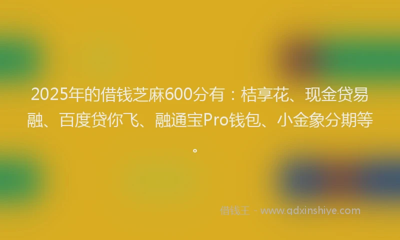 2025年的借钱芝麻600分有:桔享花、现金贷易融、百度贷你飞、融通宝Pro钱包、小金象分期等。
