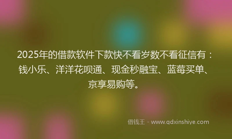 2025年的借款软件下款快不看岁数不看征信有：钱小乐、洋洋花呗通、现金秒融宝、蓝莓买单、京享易购等。