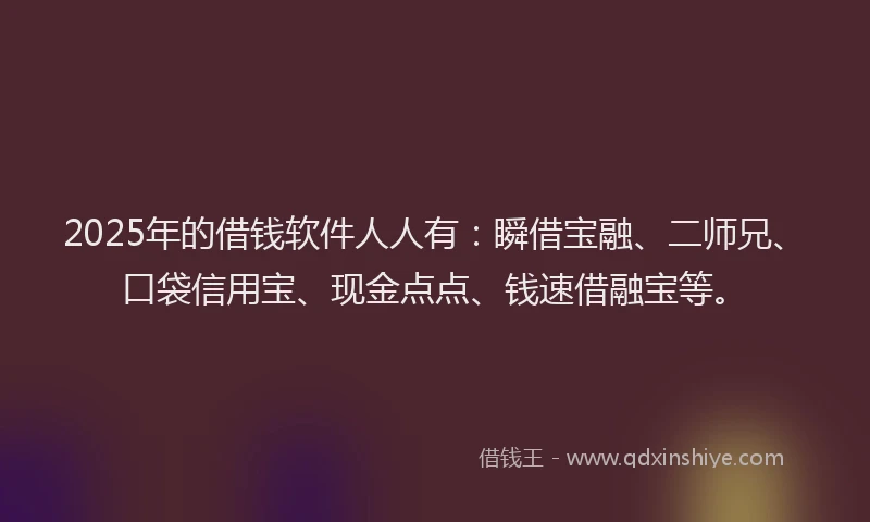2025年的借钱软件人人有：瞬借宝融、二师兄、口袋信用宝、现金点点、钱速借融宝等。